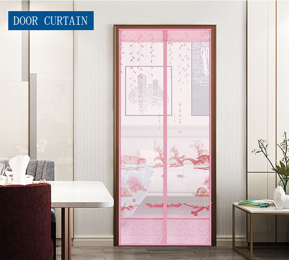 Printed Cloth Gold Waterfront Magnetic Soft screen Door Curtain Pink